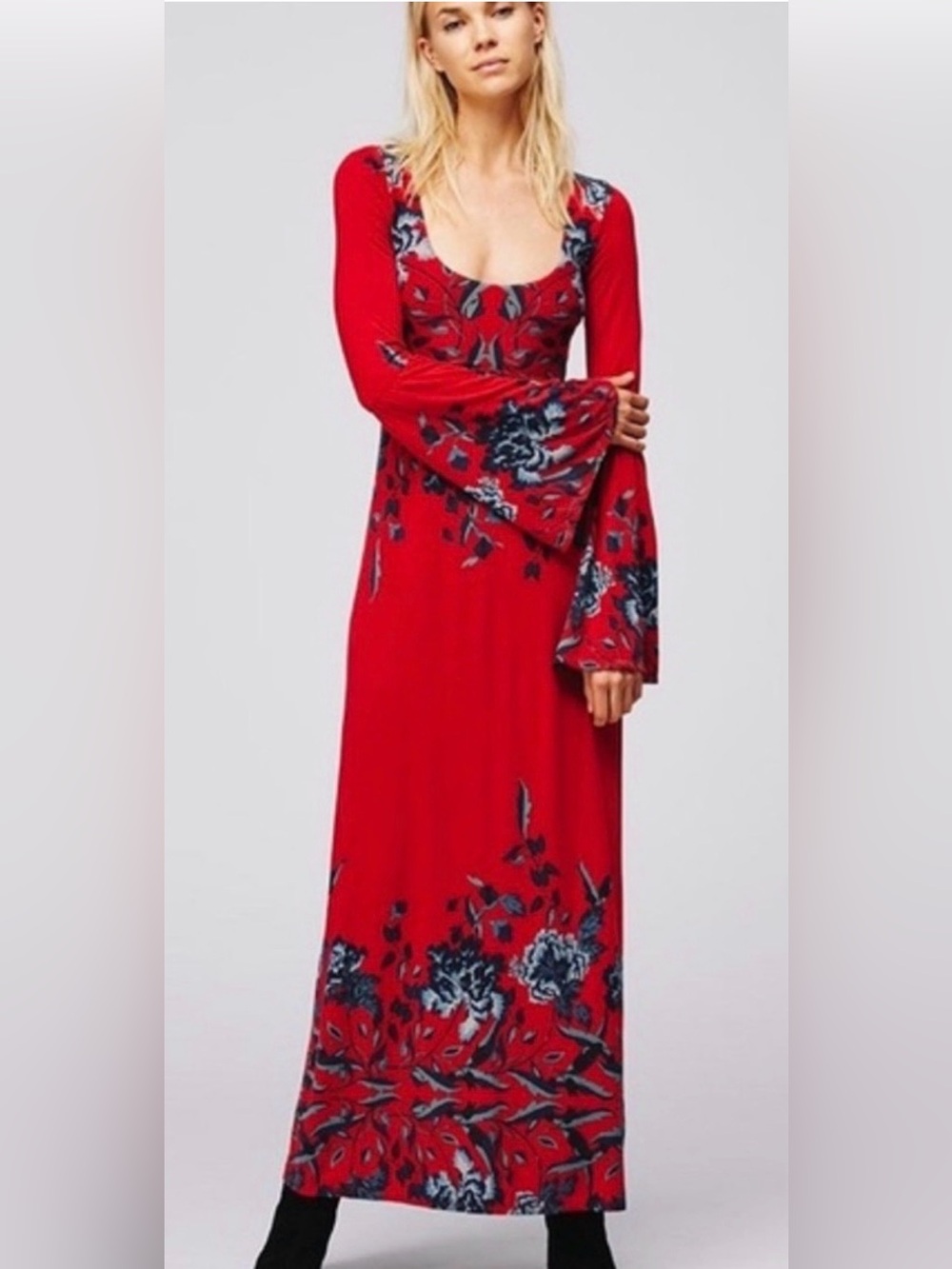 Free People Red Floral Scoop-Neck Maxi Dress “midnight garden”